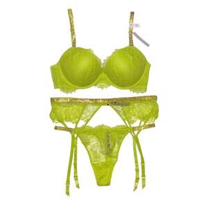 Victoria's Secret Limelight Shine Strap Push-Up Bra, Garter Belt, and Panty Set